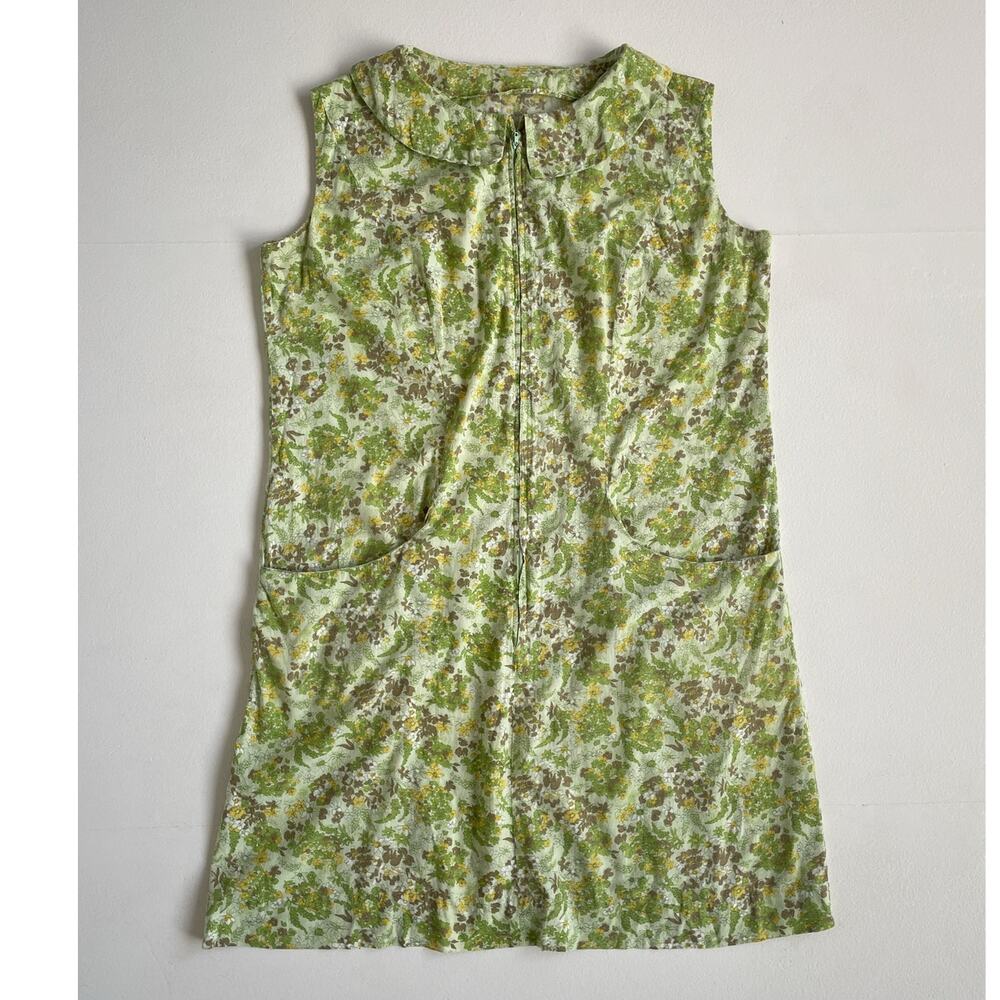 Vtg 60s Green Floral Collared Sleeveless Mod Shift Dress / Sz M/L / Retro
